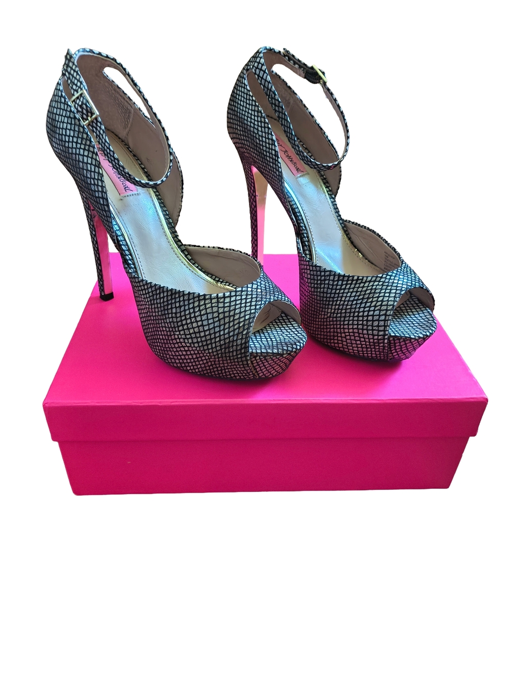 Betsy Johnson Taup/Black Peep-Toe Ankle-Strap Platform Heels
